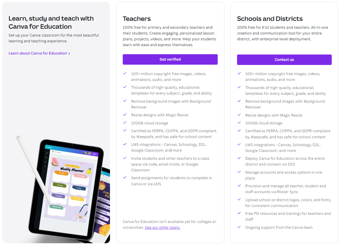 Teacher and school pricing tables