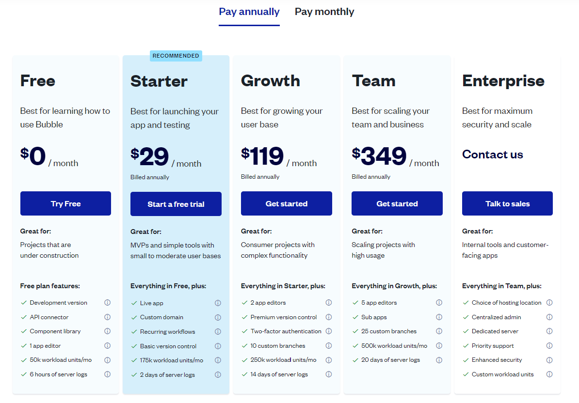 Bubble.io pricing table